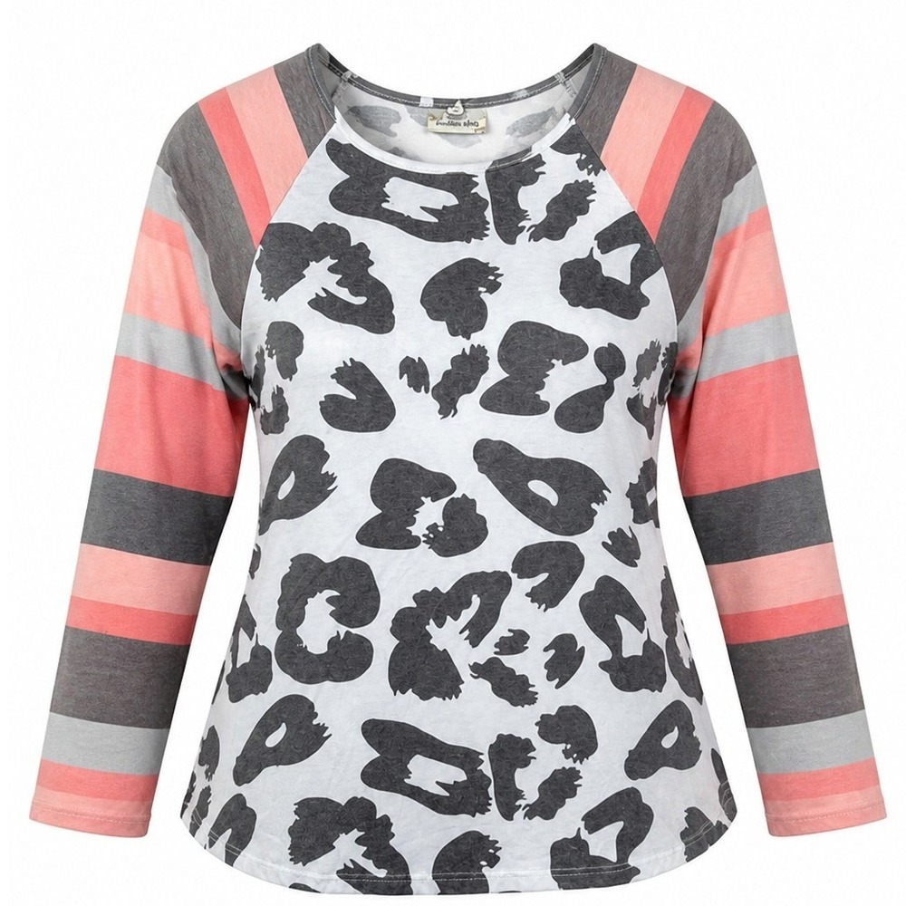 Southern Stitch Top Womens XL Leopard Striped Raglan Coral Grey Animal Print XL